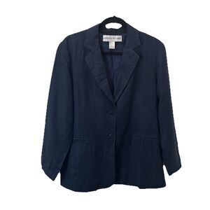 Adolfo Studio Navy Blazer Jacket Womens Size 14P Long Sleeve Linen Blend Career